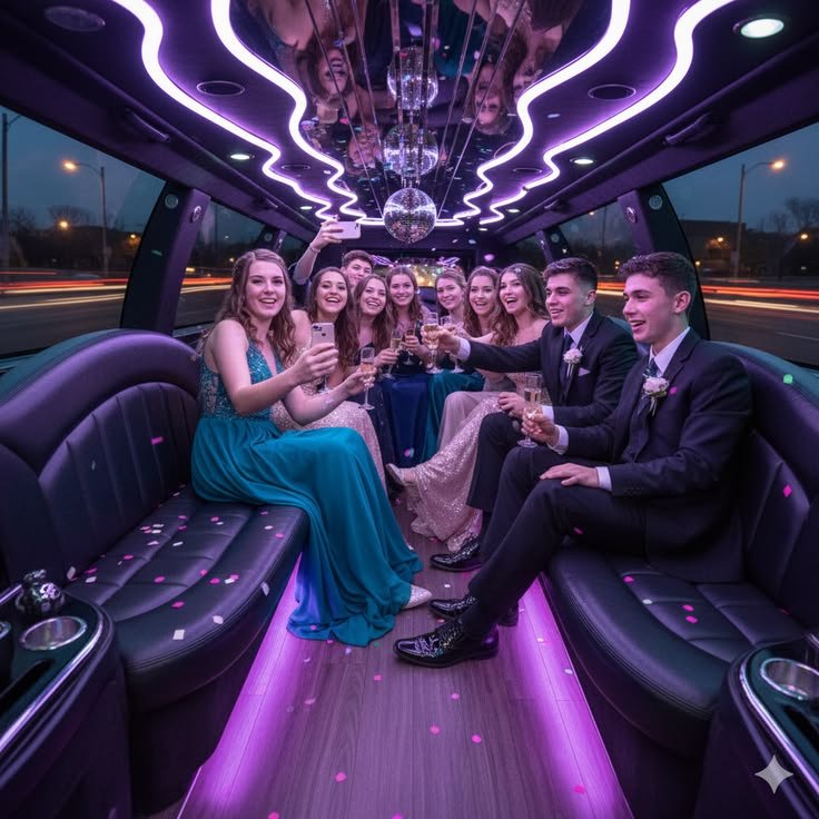 Professional chauffeur opening the door of a black stretch limousine for prom students in Toronto