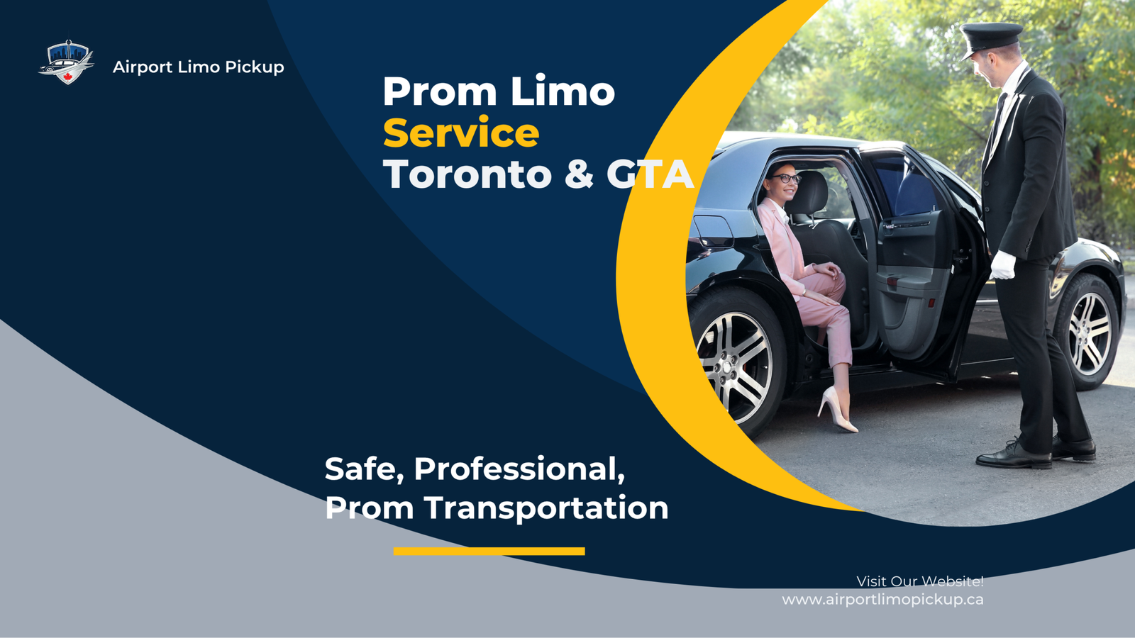 Stretch limousine parked outside a Toronto high school on prom night with students in formal attire